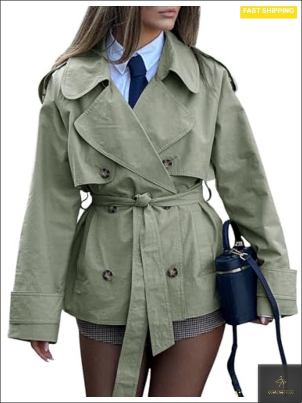 Women's Cotton Cropped Trench Coat Double Breasted Lapel Belt